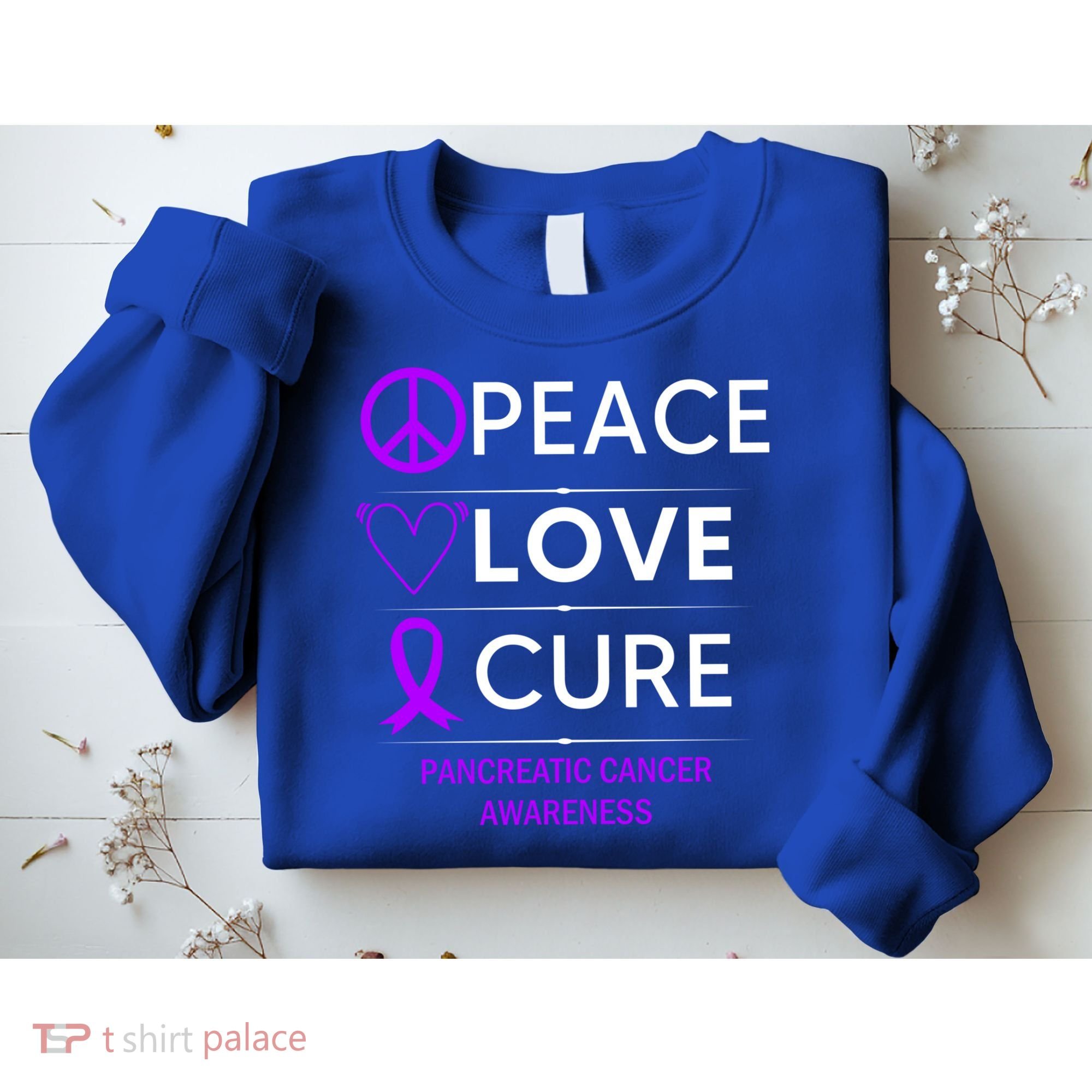 Pancreatic Cancer Awareness Peace Love Cure Purple Ribbon Gift Sweatshirt