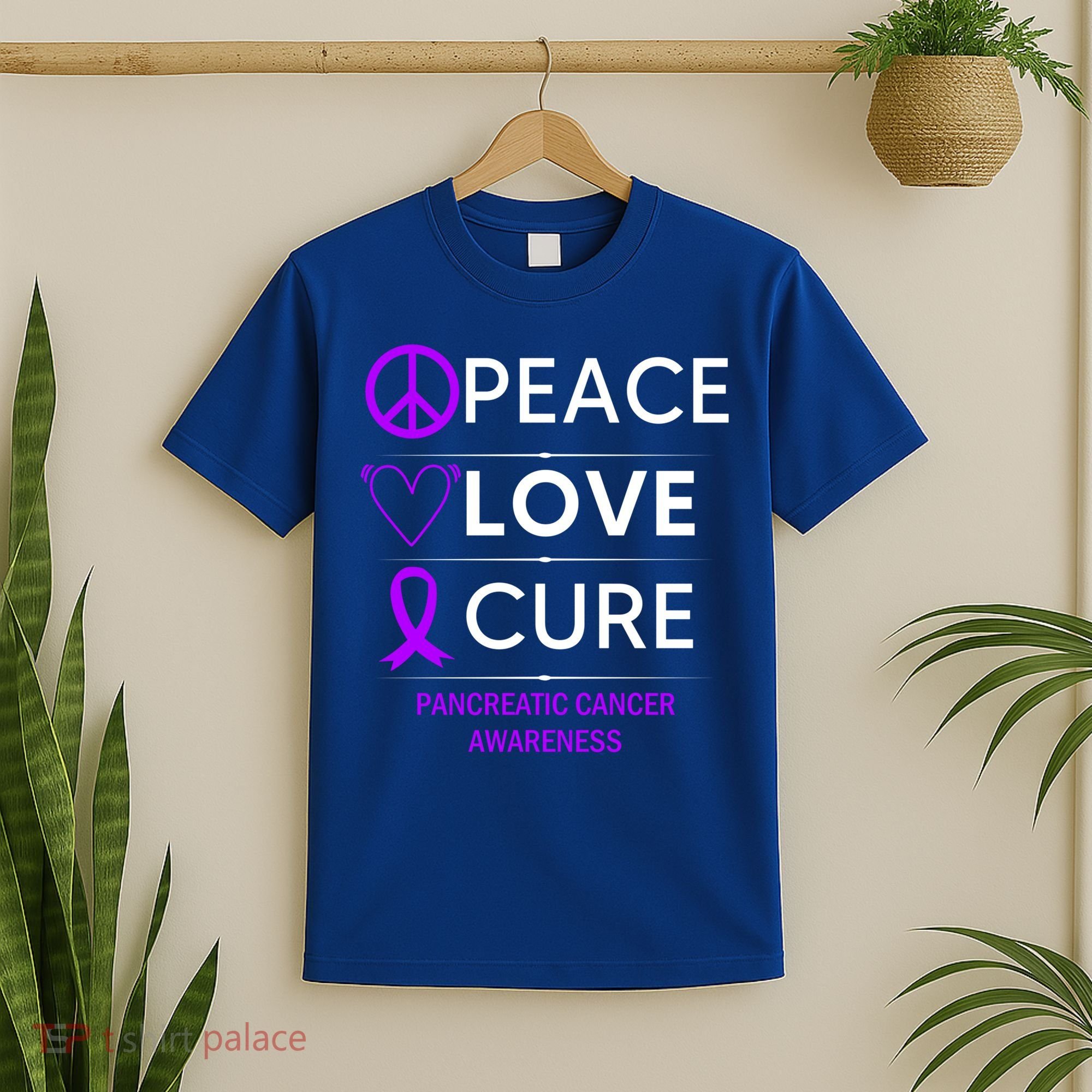 Pancreatic Cancer Awareness Peace Love Cure Purple Ribbon Gift T-Shirt