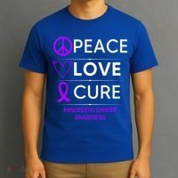Pancreatic Cancer Awareness Peace Love Cure Purple Ribbon Gift T-Shirt thumb 3