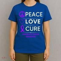 Pancreatic Cancer Awareness Peace Love Cure Purple Ribbon Gift T-Shirt thumb 4