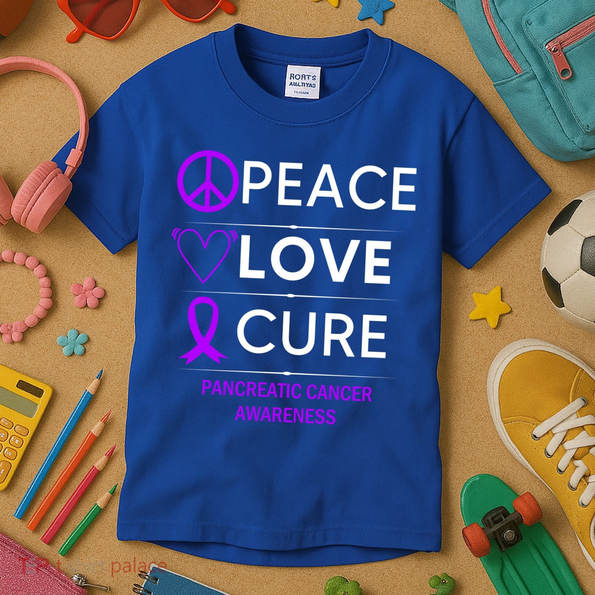 Pancreatic Cancer Awareness Peace Love Cure Purple Ribbon Gift Kids T-Shirt