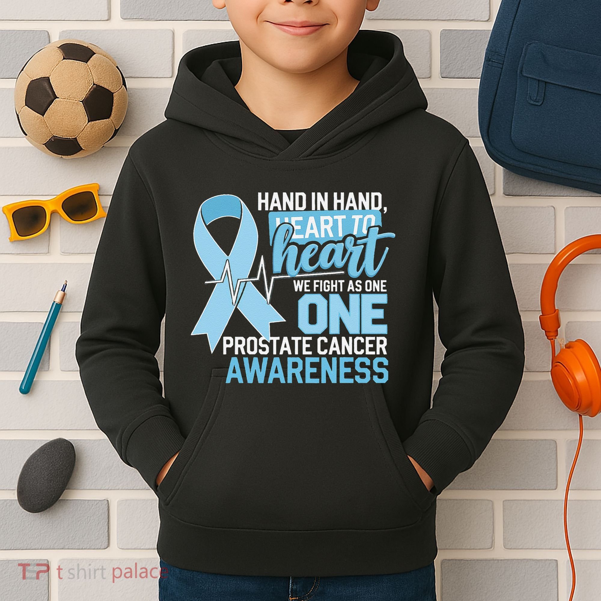Prostate Cancer Awareness Heart To Heart Light Blue Ribbon Kids Hoodie