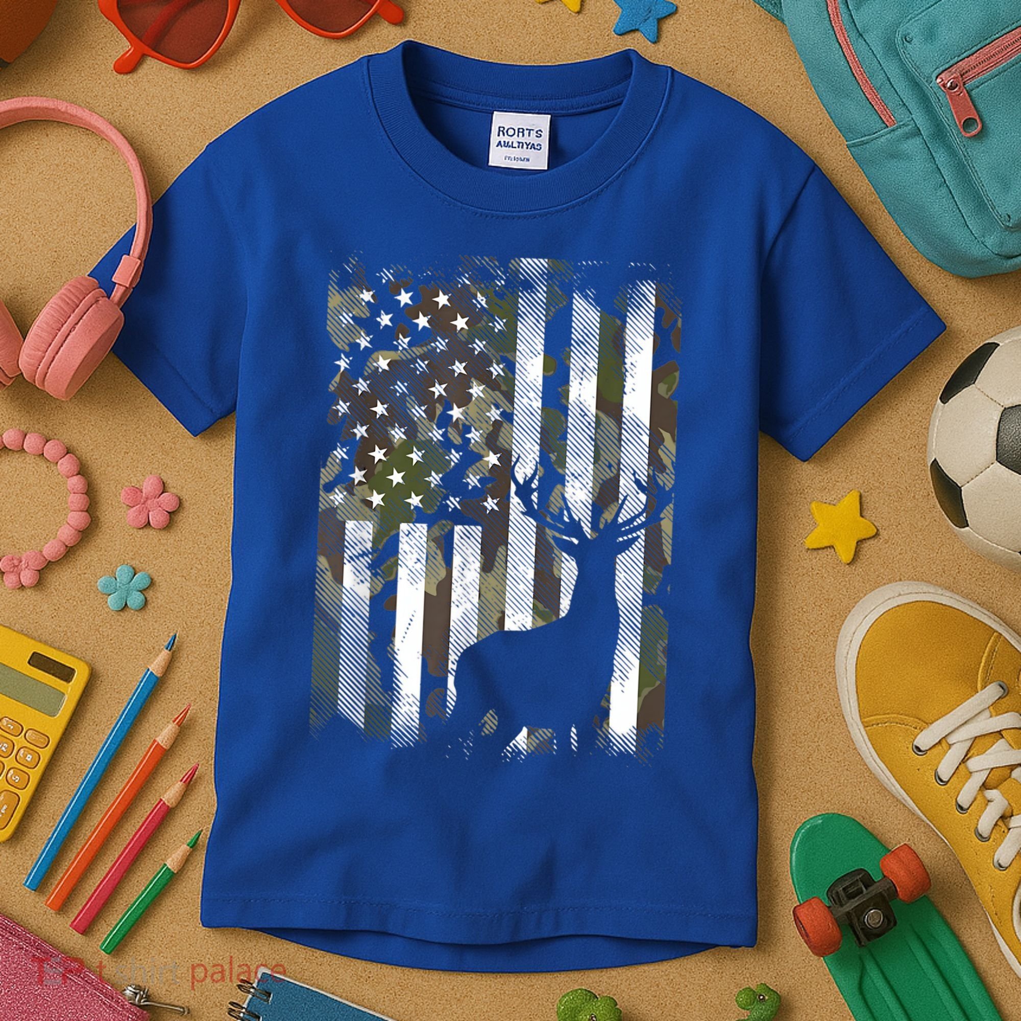 Patriotic Camo American Flag Deer Hunter Hunting Cute Gift Kids T-Shirt