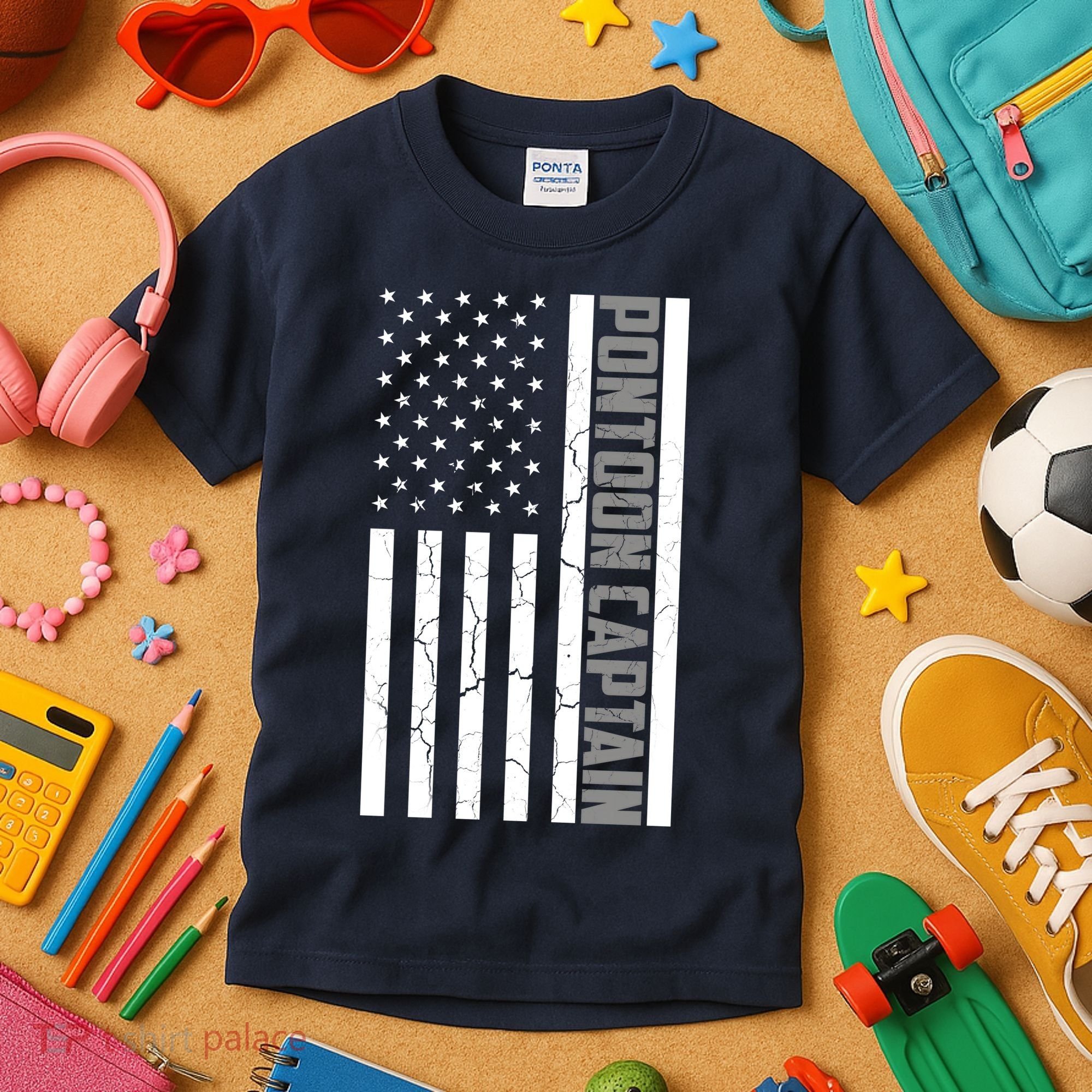 Pontoon Captain American Flag Pontooning Pontoon Boating Kids T-Shirt