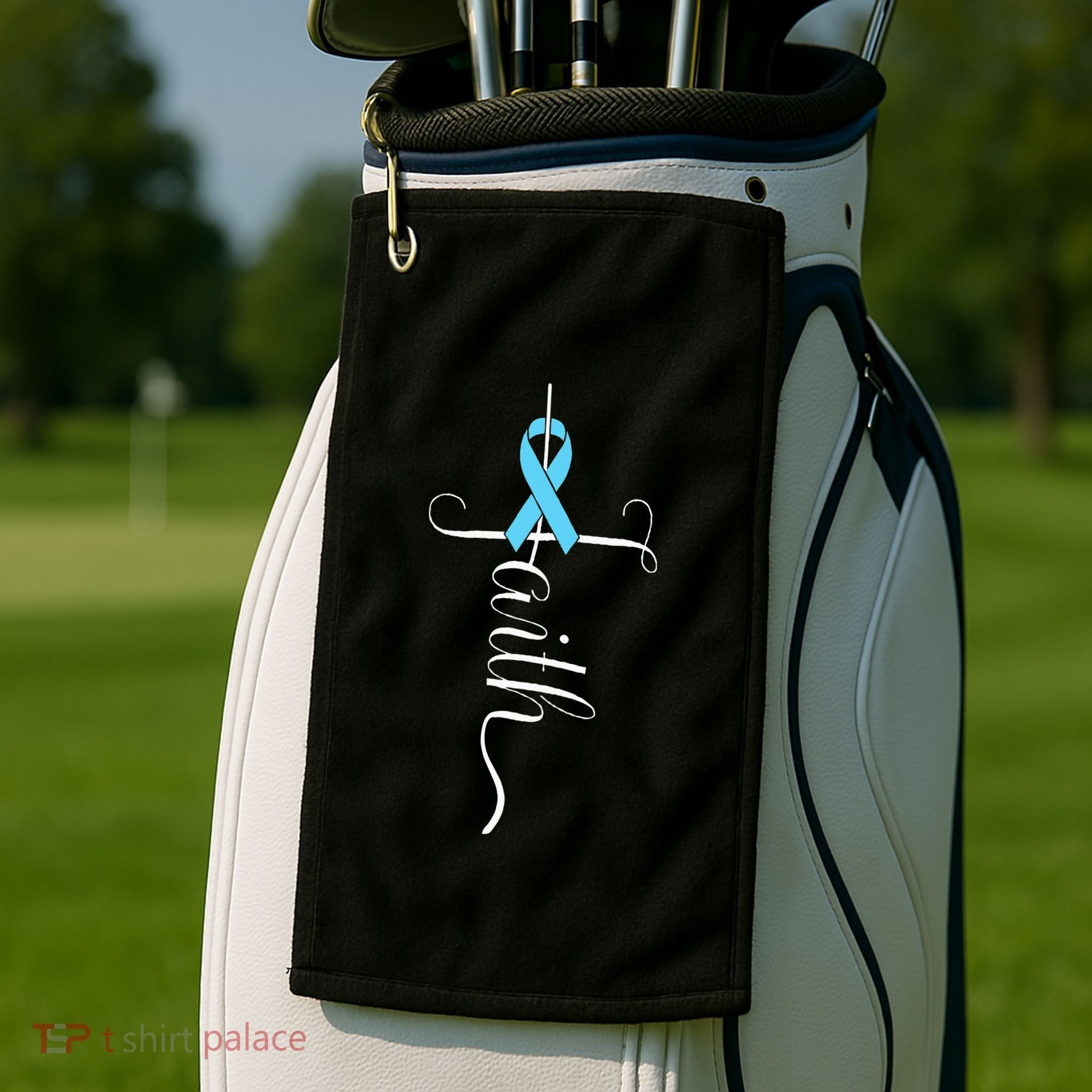 Prostate Cancer Awareness Light Blue Ribbon Faith Survivor Golf Towel