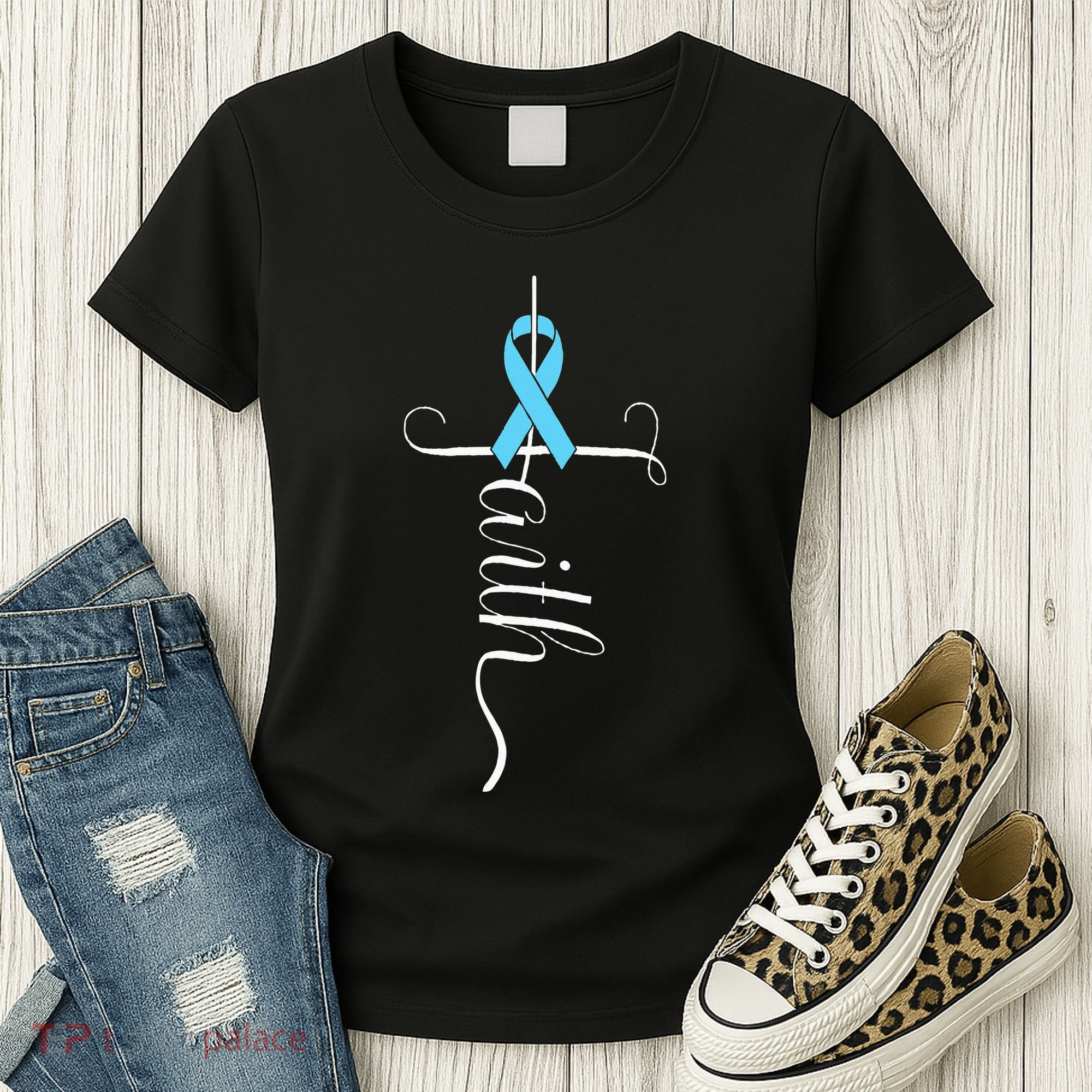 Prostate Cancer Awareness Light Blue Ribbon Faith Survivor Women's T-Shirt