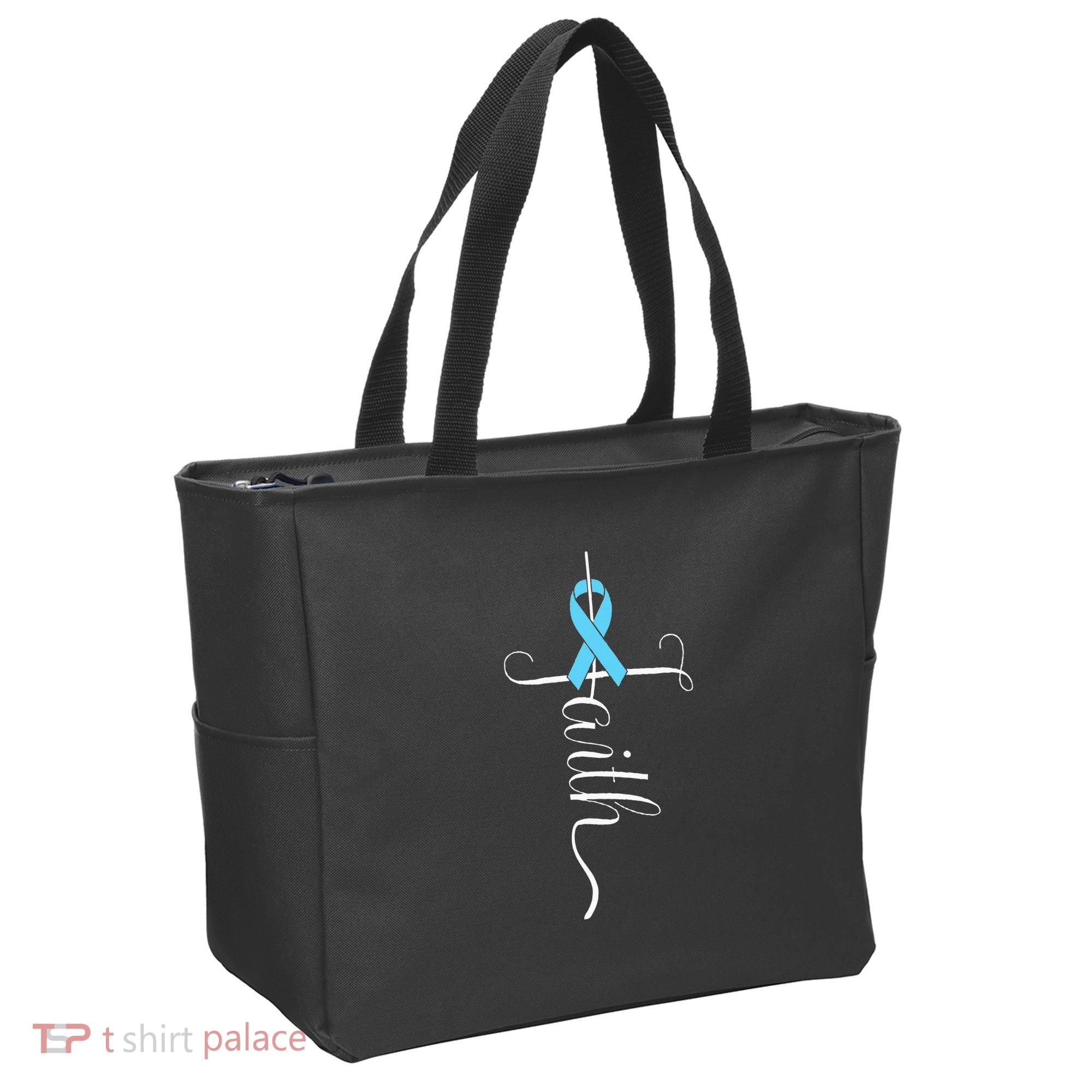 Prostate Cancer Awareness Light Blue Ribbon Faith Survivor Tote Bag