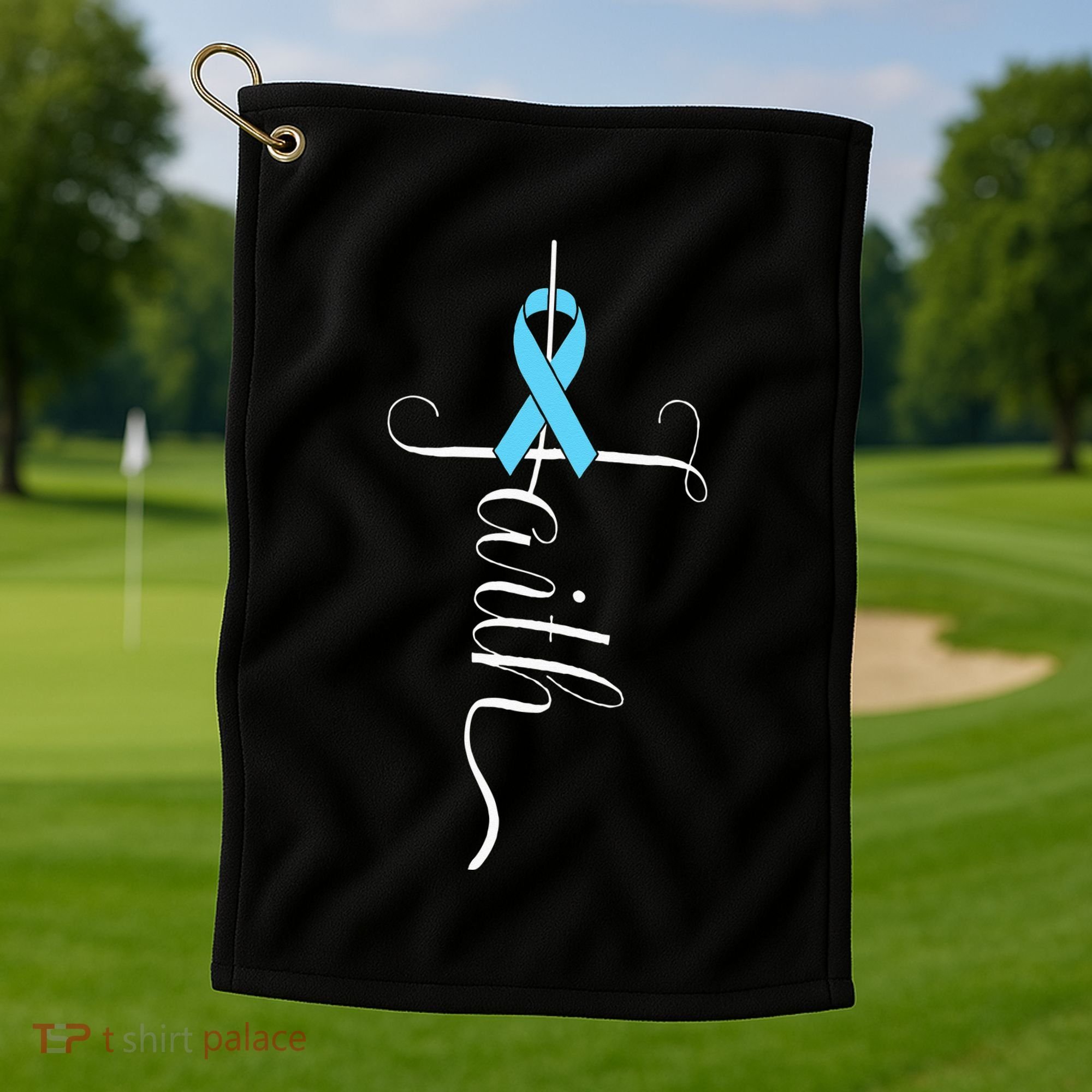 Prostate Cancer Awareness Light Blue Ribbon Faith Survivor Golf Towel