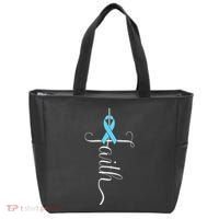 Prostate Cancer Awareness Light Blue Ribbon Faith Survivor Tote Bag thumb 0