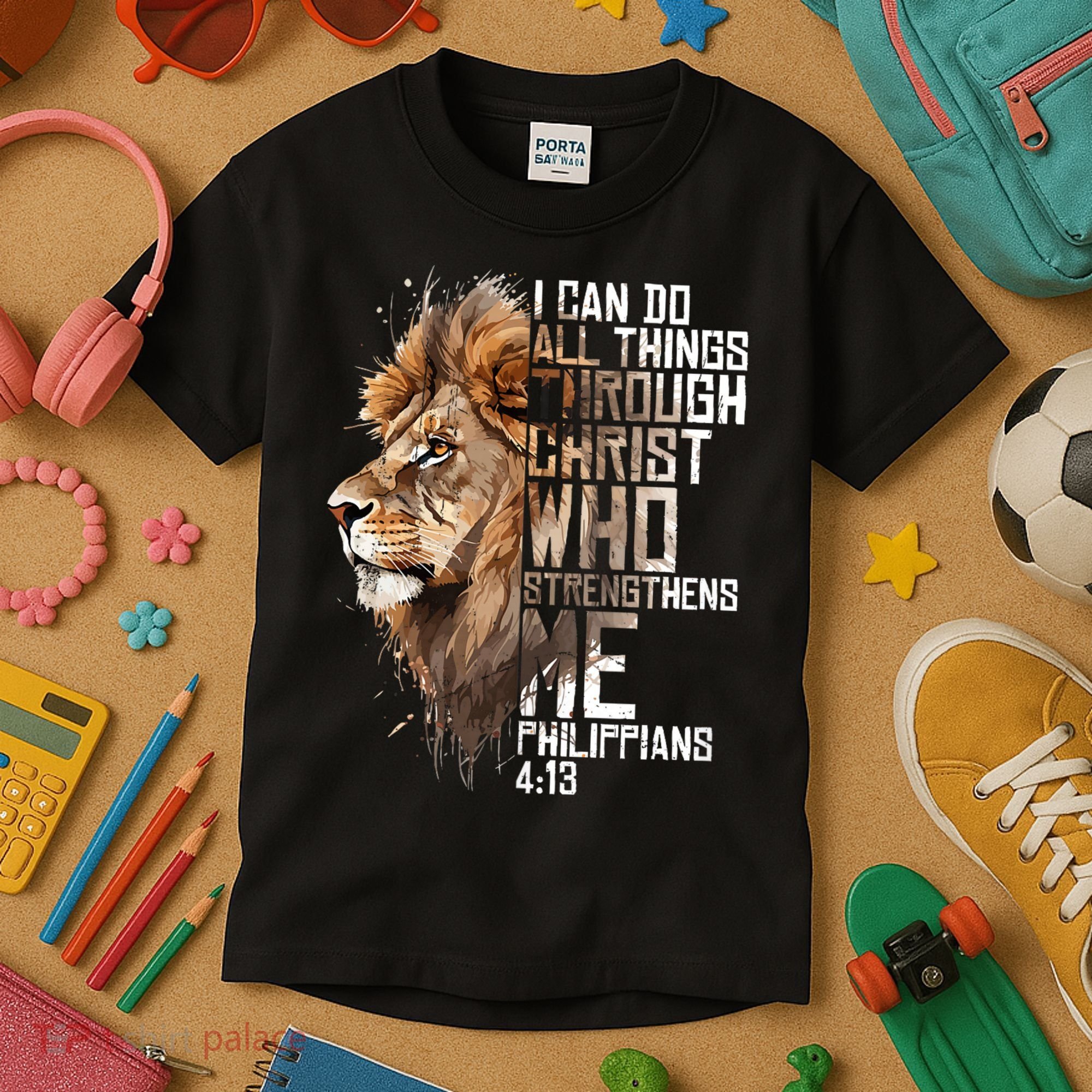 Philippians Christian Bible Verse Funny Lion Graphic Novelty Kids T-Shirt