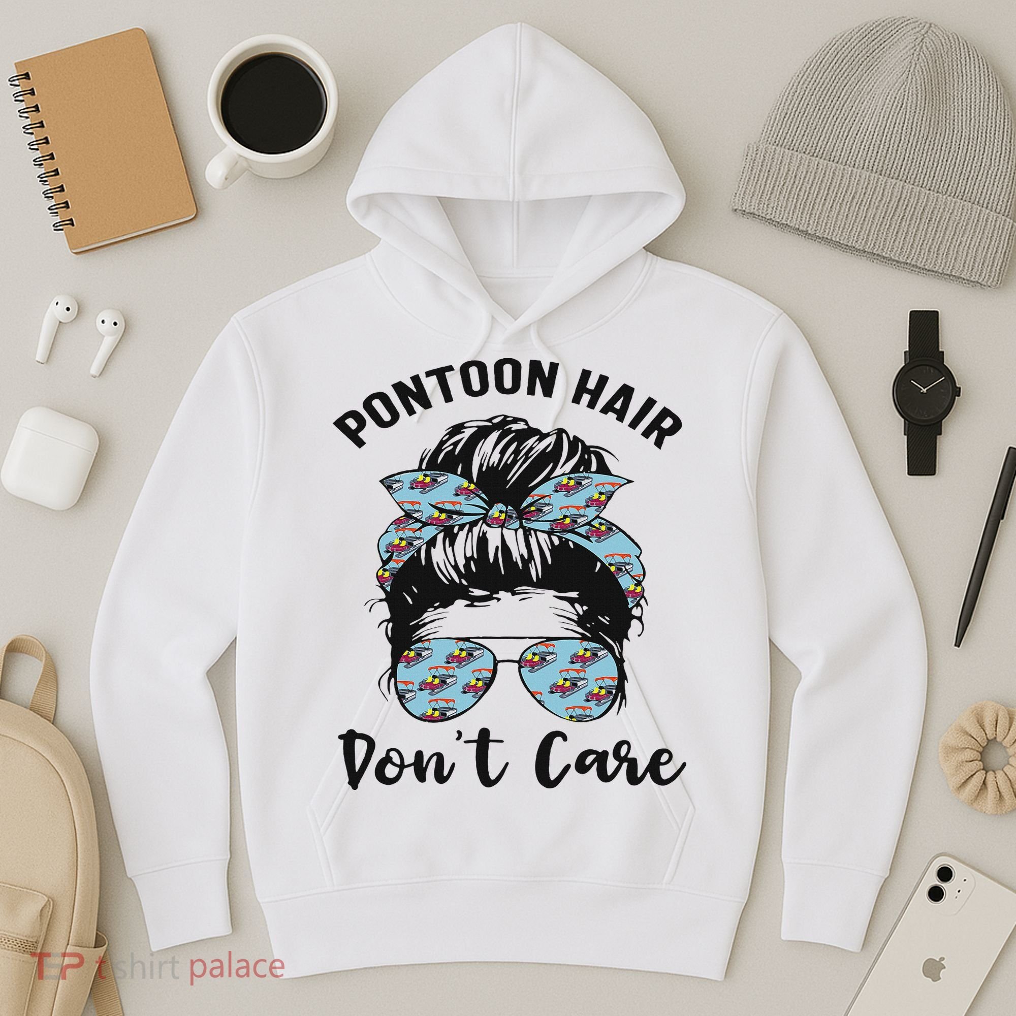 Pontoon Captain Boating Pontoon Hair Don't Care Messy Bun Hoodie