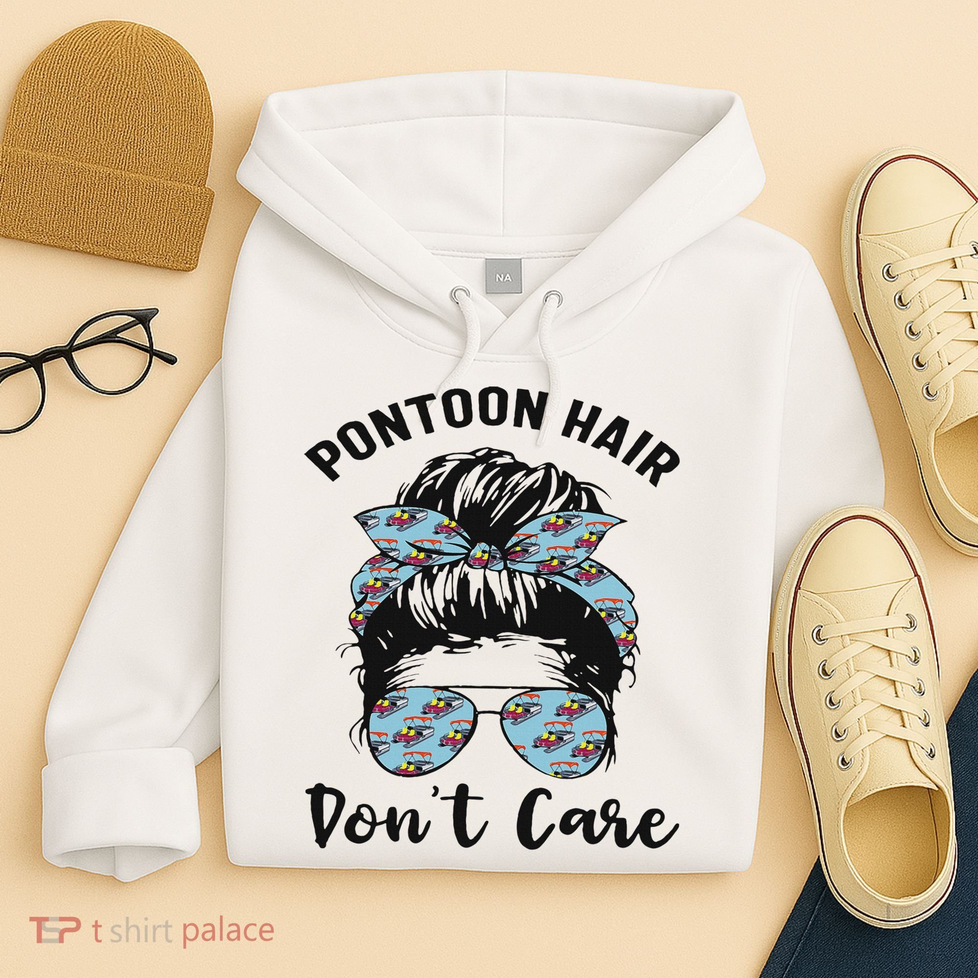 Pontoon Captain Boating Pontoon Hair Don't Care Messy Bun Hoodie