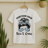 Pontoon Captain Boating Pontoon Hair Don't Care Messy Bun T-Shirt thumb 2