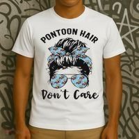 Pontoon Captain Boating Pontoon Hair Don't Care Messy Bun T-Shirt thumb 3