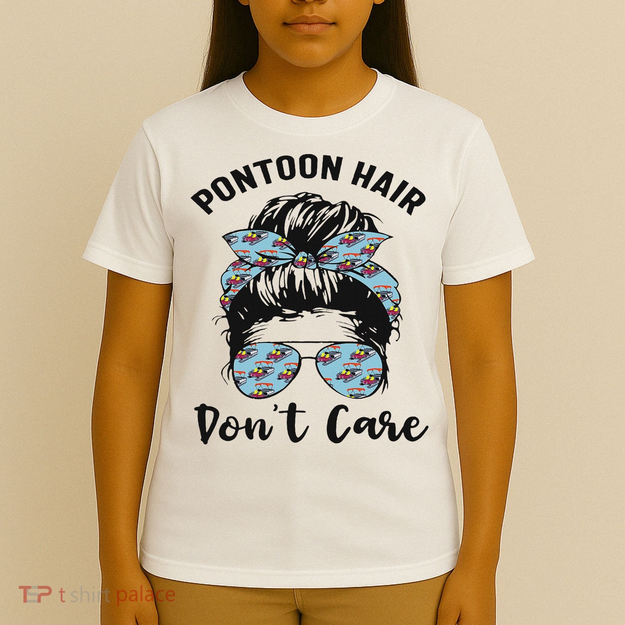 Pontoon Captain Boating Pontoon Hair Don't Care Messy Bun T-Shirt