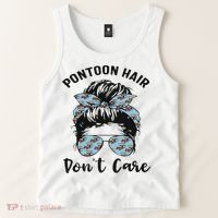 Pontoon Captain Boating Pontoon Hair Don't Care Messy Bun Tank Top thumb 2