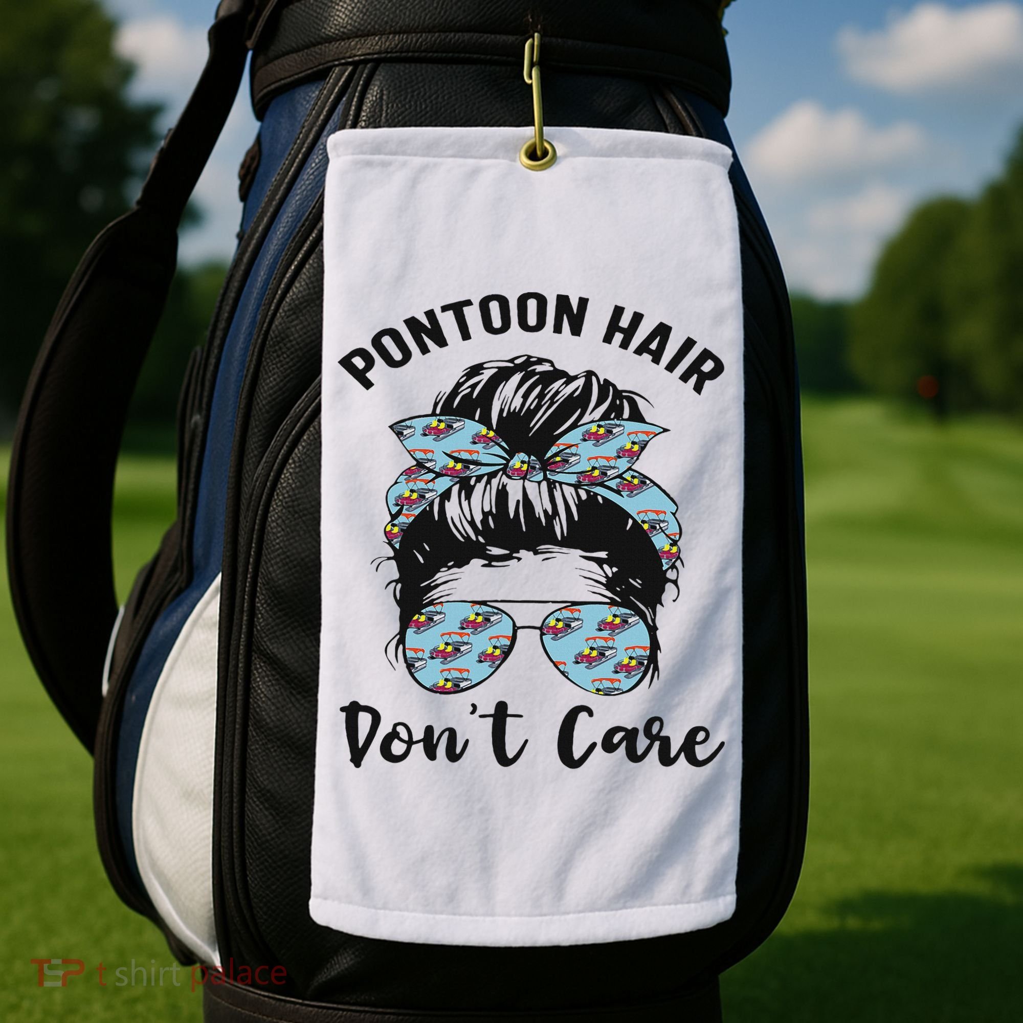 Pontoon Captain Boating Pontoon Hair Don't Care Messy Bun Golf Towel