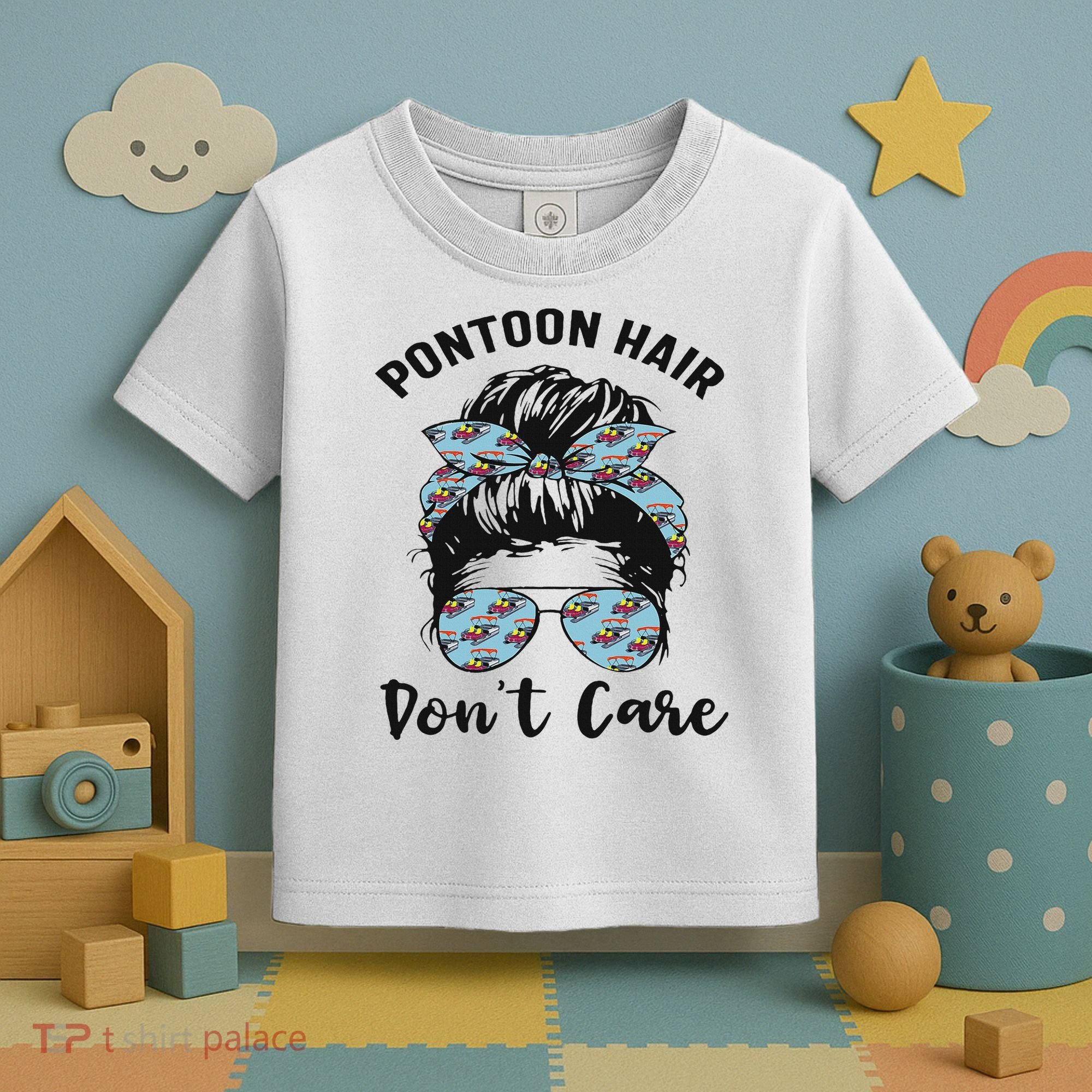 Pontoon Captain Boating Pontoon Hair Don't Care Messy Bun Toddler T-Shirt