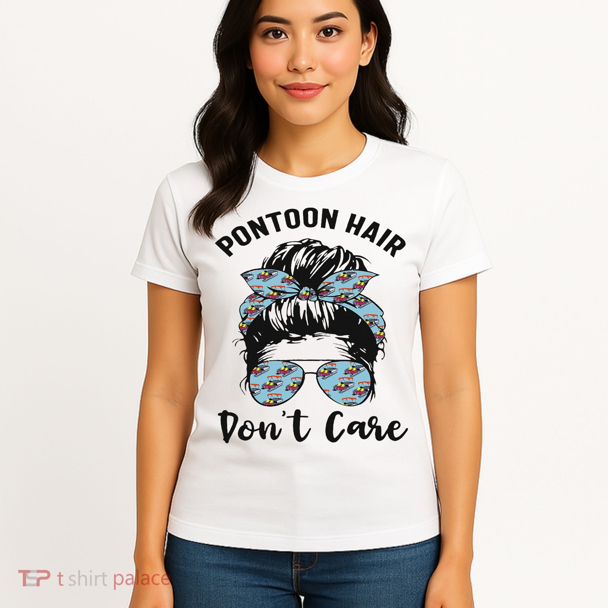 Pontoon Captain Boating Pontoon Hair Don't Care Messy Bun Women's T-Shirt