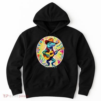 Psychedelic Country Cow Iguana Lizard Playing Guitar Hoodie