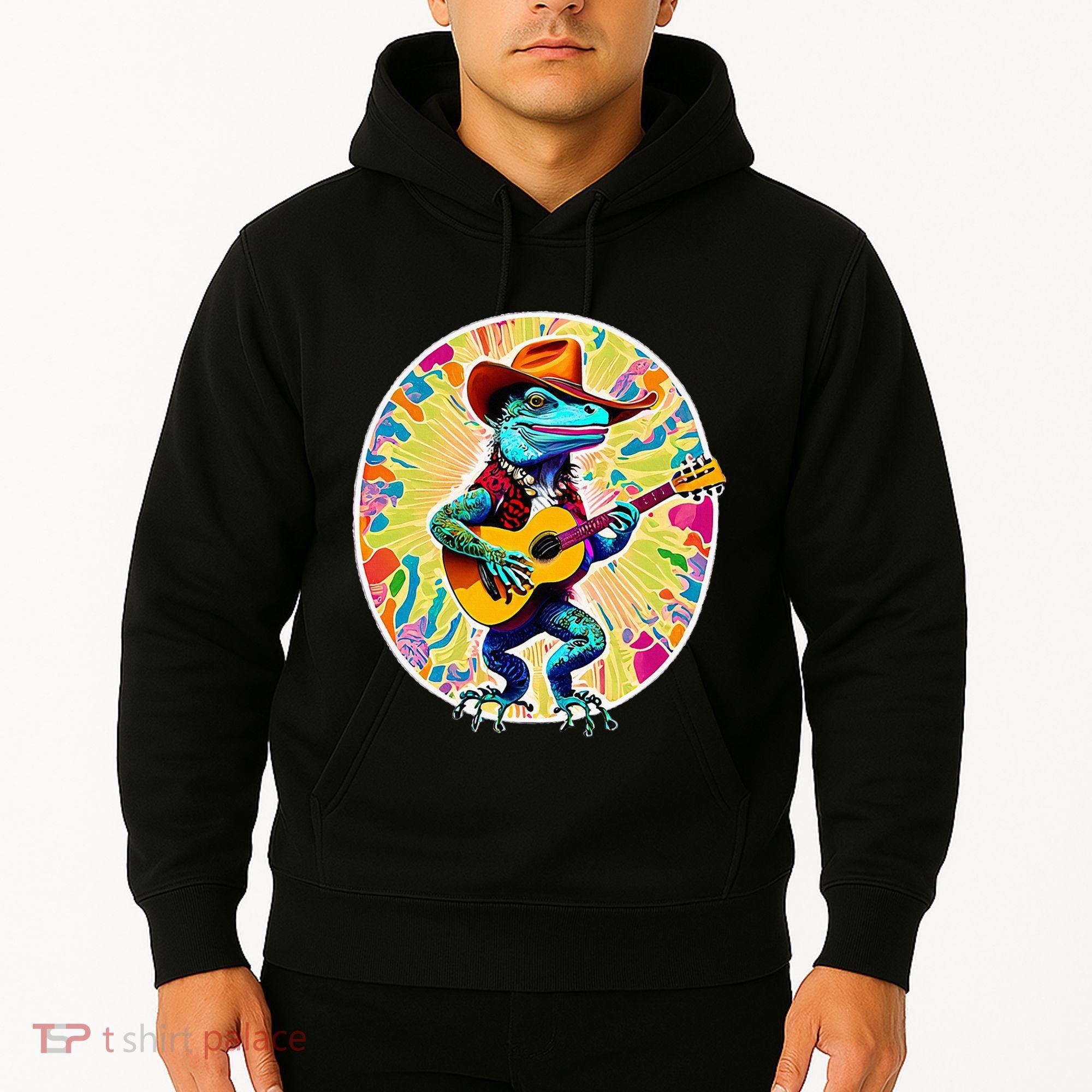Psychedelic Country Cow Iguana Lizard Playing Guitar Hoodie