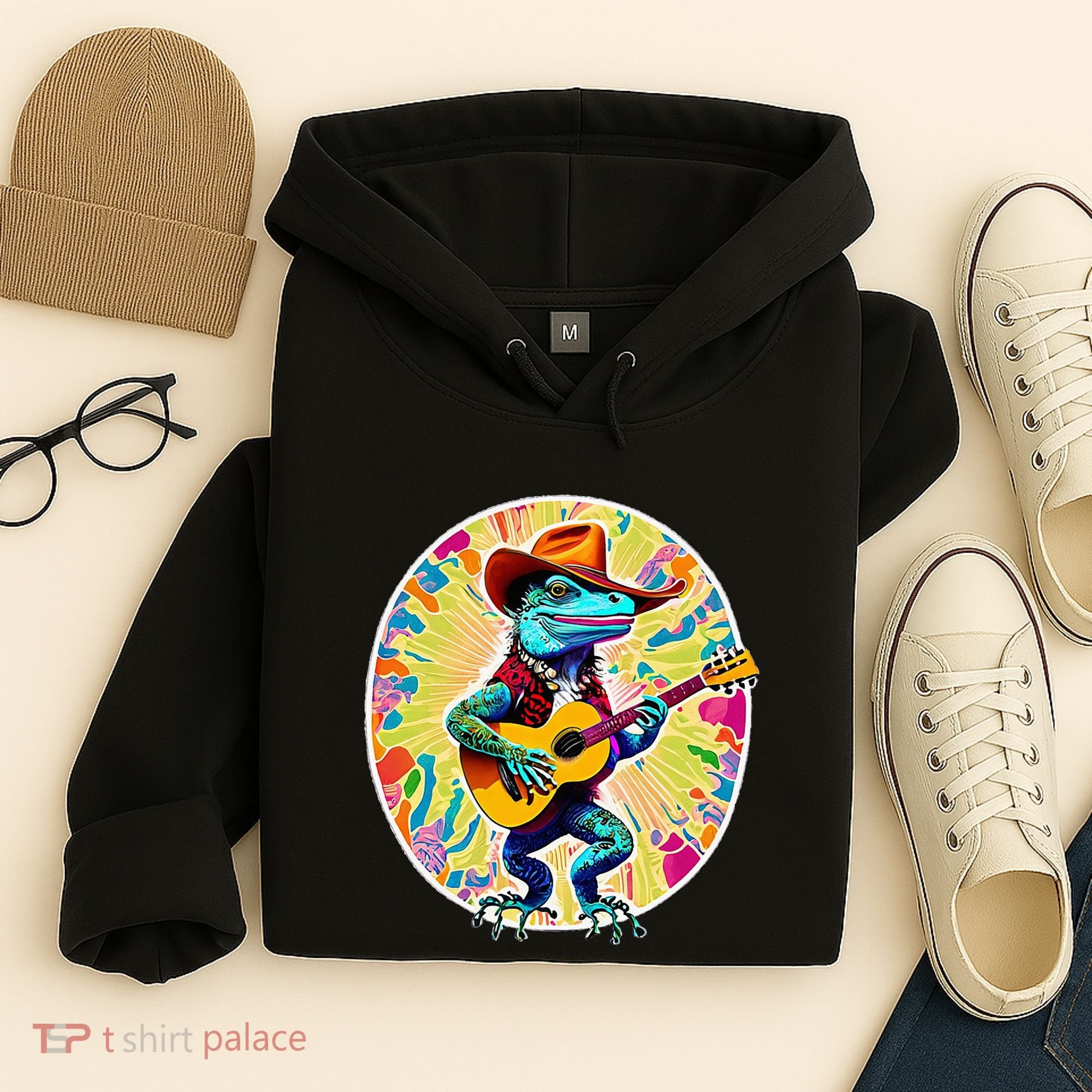 Psychedelic Country Cow Iguana Lizard Playing Guitar Hoodie