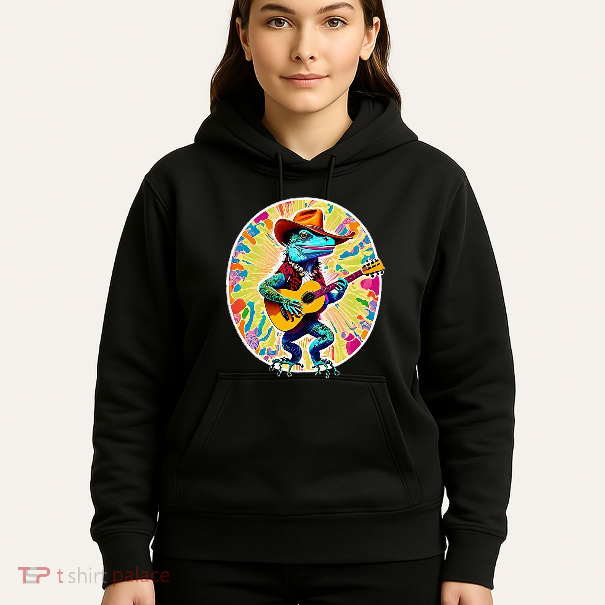 Psychedelic Country Cow Iguana Lizard Playing Guitar Hoodie