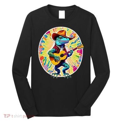 Psychedelic Country Cow Iguana Lizard Playing Guitar Long Sleeve Shirt