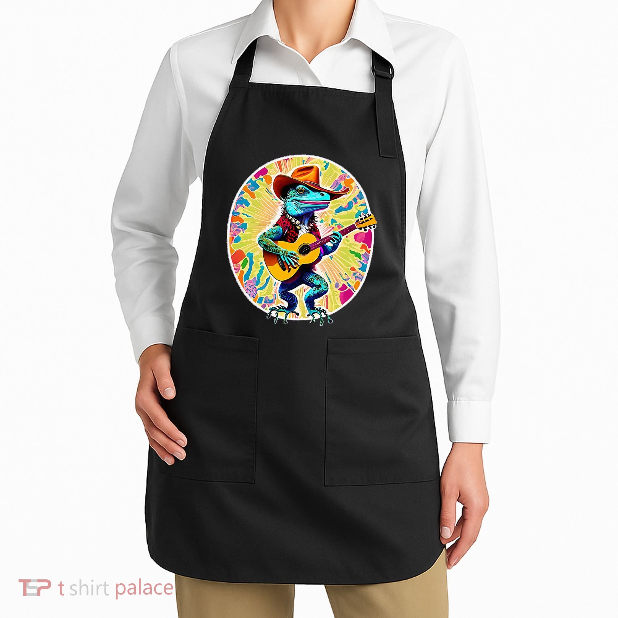 Psychedelic Country Cow Iguana Lizard Playing Guitar Apron