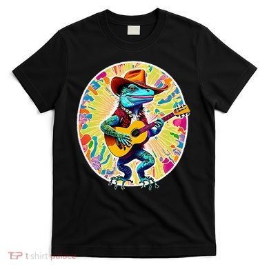 Psychedelic Country Cow Iguana Lizard Playing Guitar T-Shirt