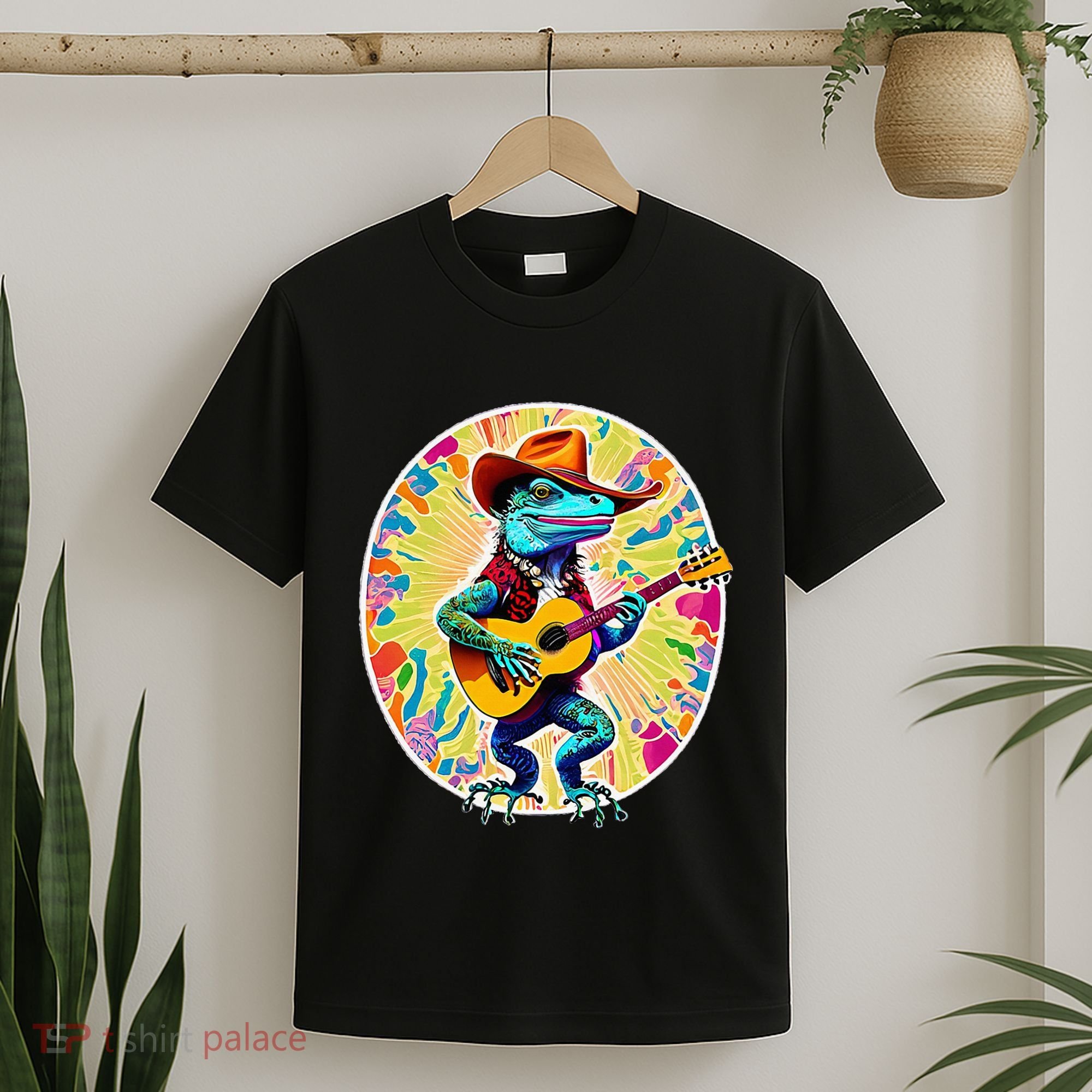 Psychedelic Country Cow Iguana Lizard Playing Guitar T-Shirt