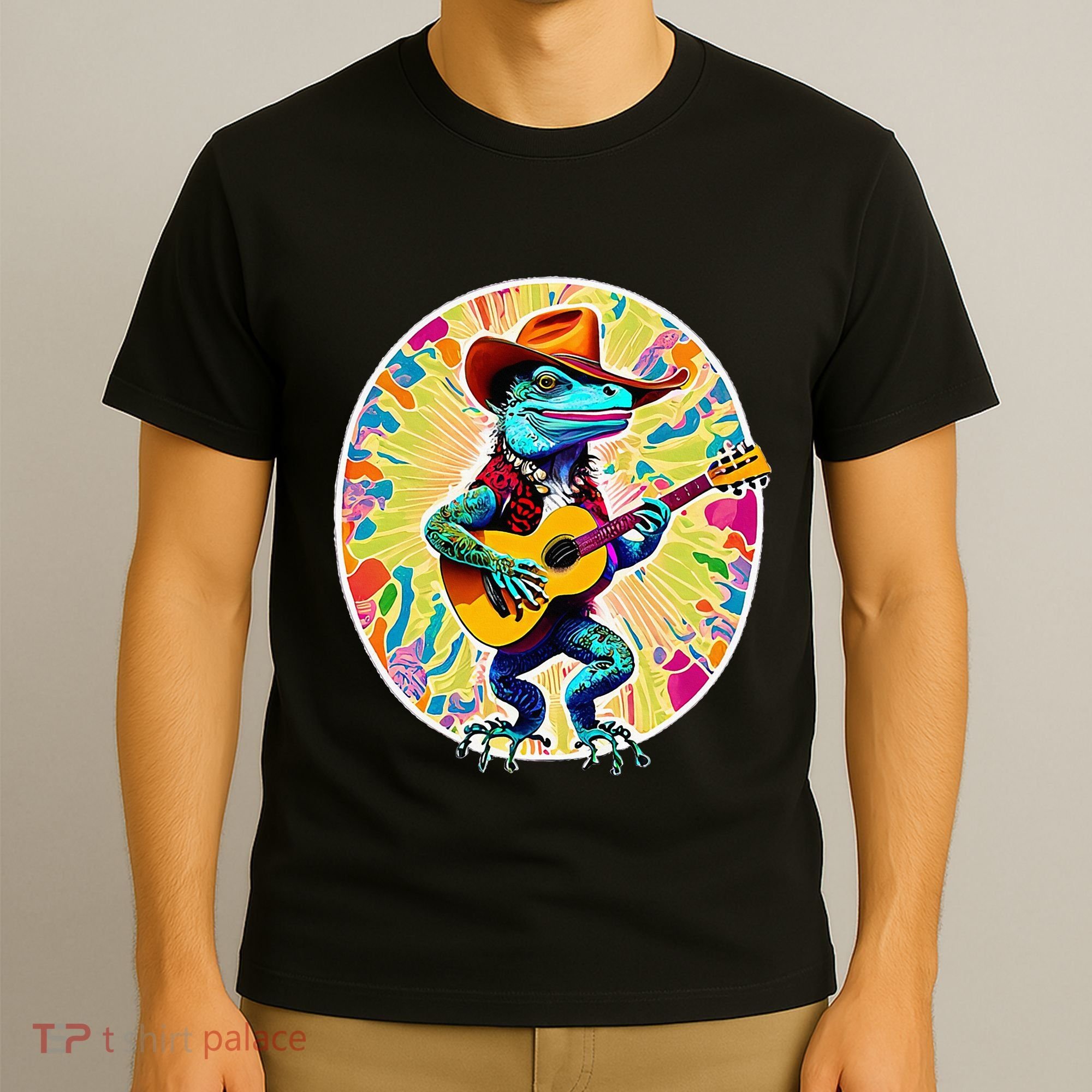 Psychedelic Country Cow Iguana Lizard Playing Guitar T-Shirt