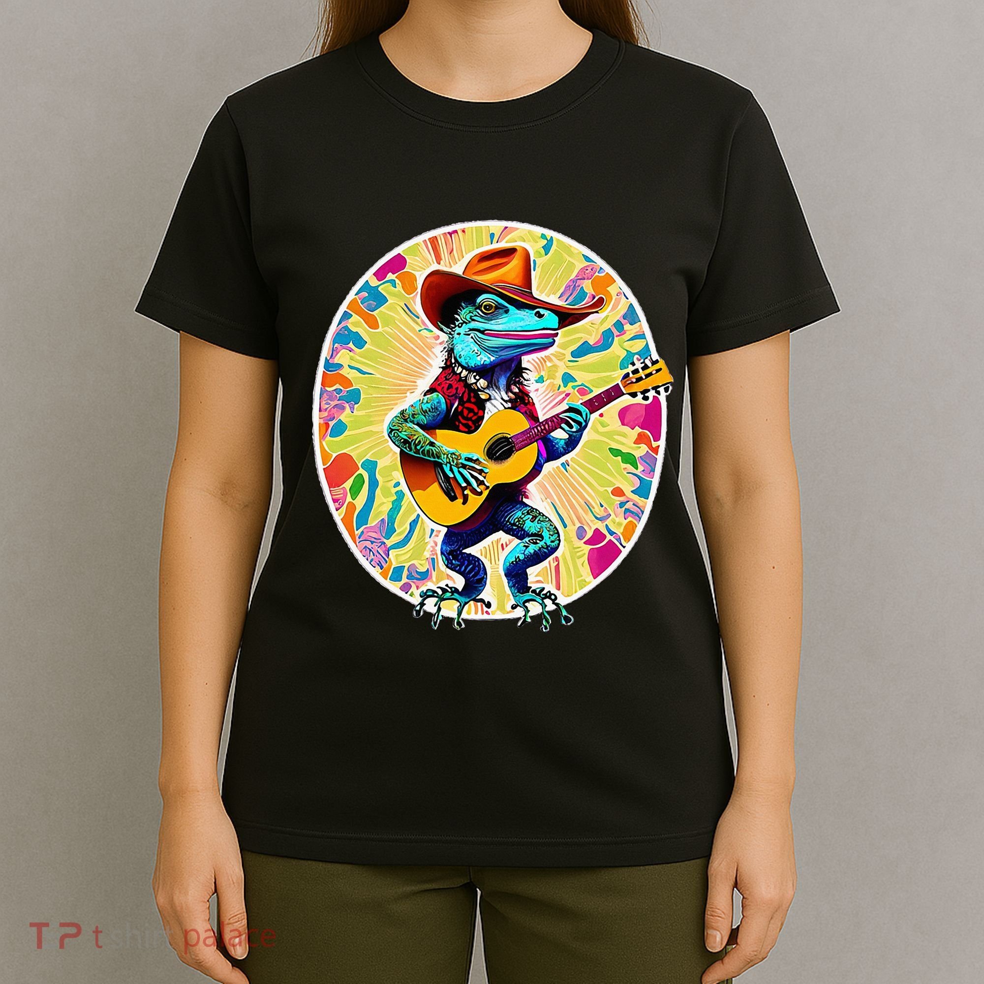 Psychedelic Country Cow Iguana Lizard Playing Guitar T-Shirt