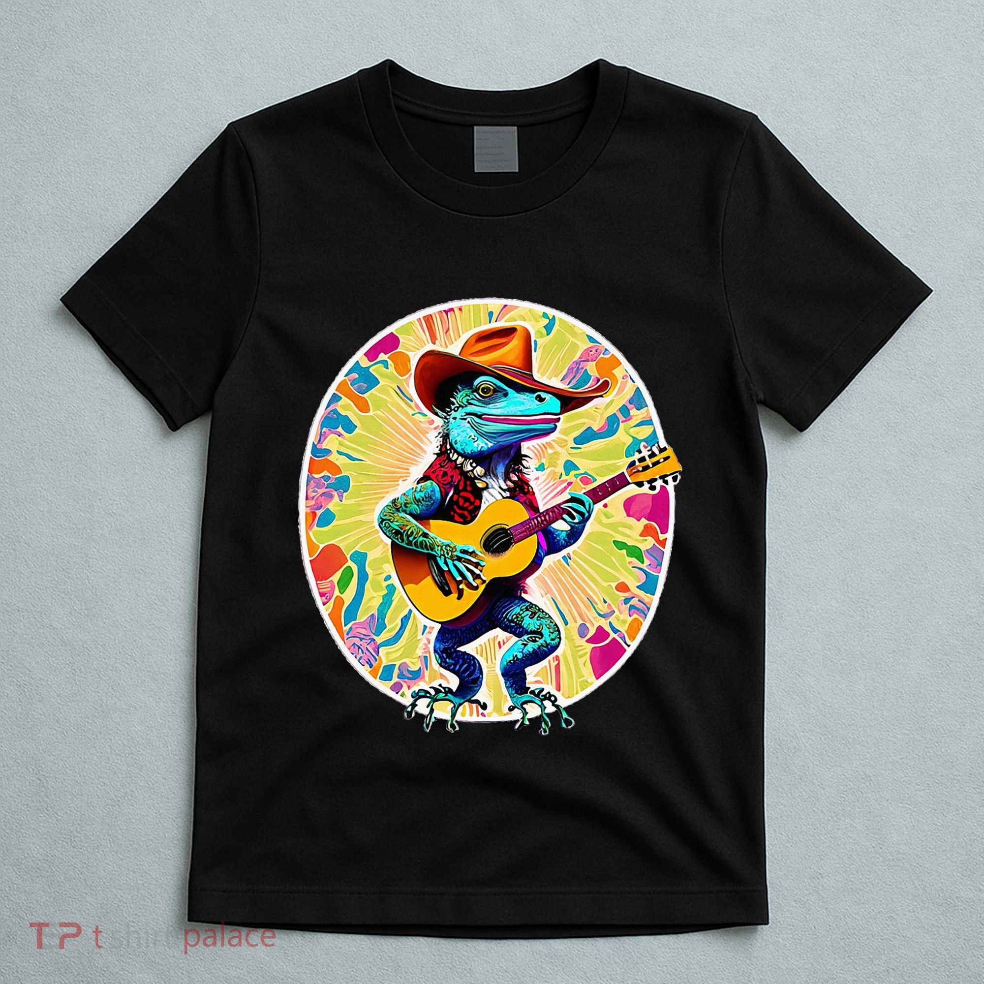 Psychedelic Country Cow Iguana Lizard Playing Guitar T-Shirt