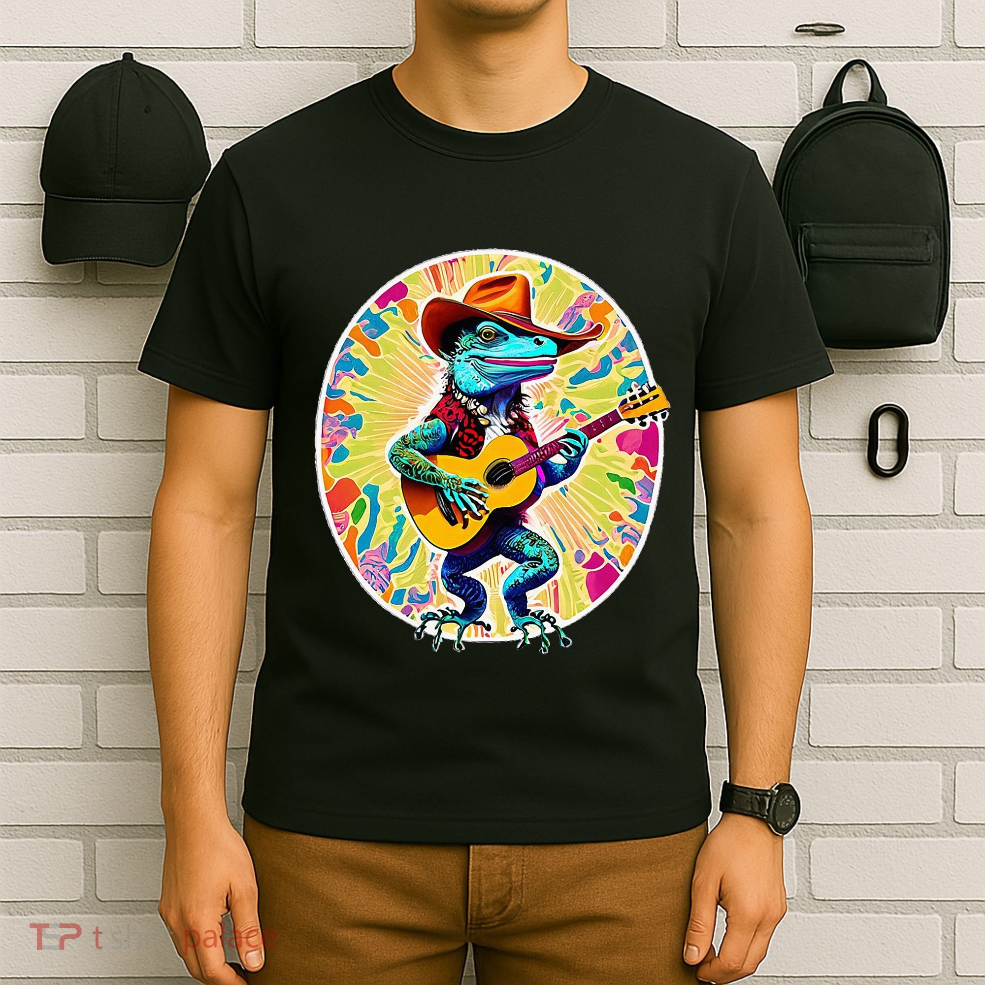 Psychedelic Country Cow Iguana Lizard Playing Guitar T-Shirt