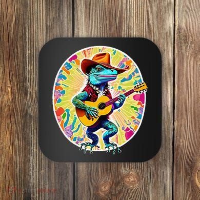 Psychedelic Country Cow Iguana Lizard Playing Guitar Coaster