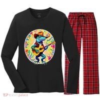 Psychedelic Country Cow Iguana Lizard Playing Guitar Women's Long Sleeve Flannel Pajama Set  thumb 0