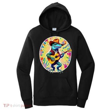 Psychedelic Country Cow Iguana Lizard Playing Guitar Women's Hoodie