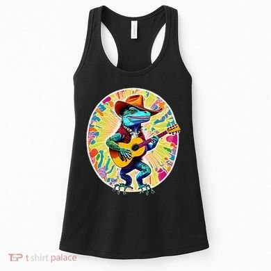 Psychedelic Country Cow Iguana Lizard Playing Guitar Women's Tank Top