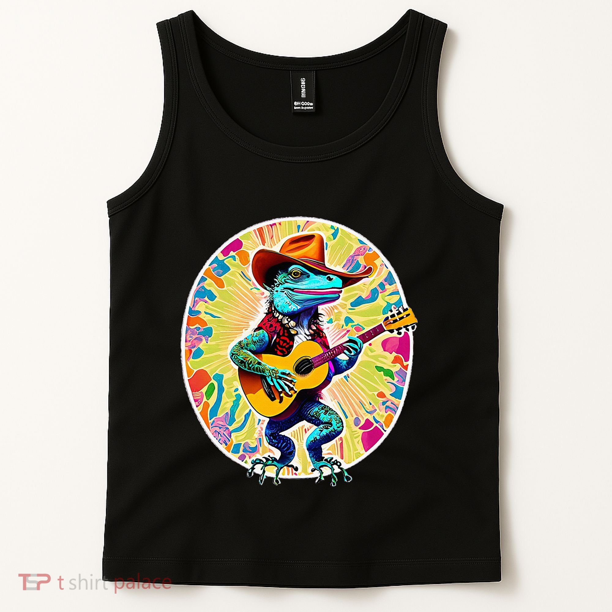 Psychedelic Country Cow Iguana Lizard Playing Guitar Tank Top