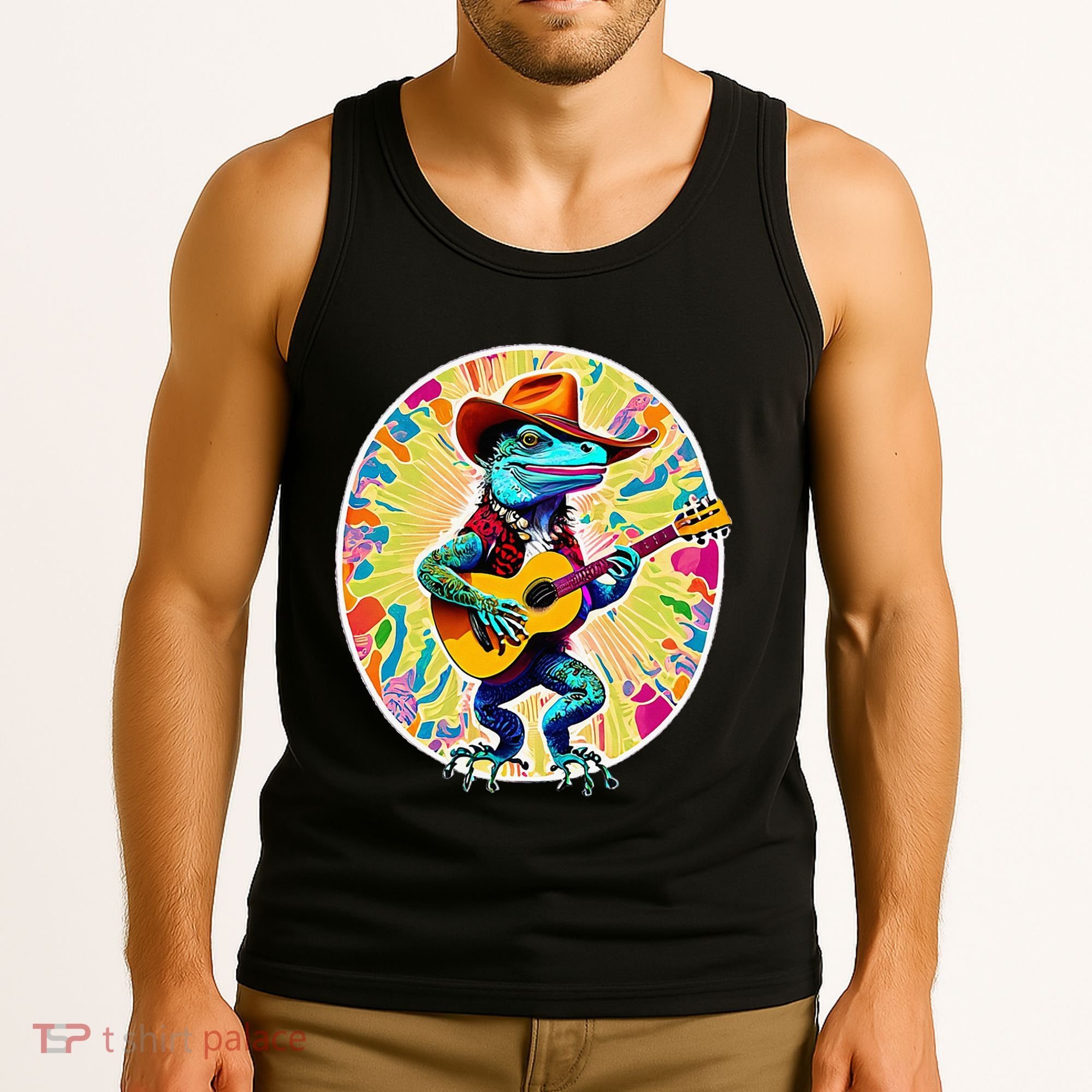 Psychedelic Country Cow Iguana Lizard Playing Guitar Tank Top