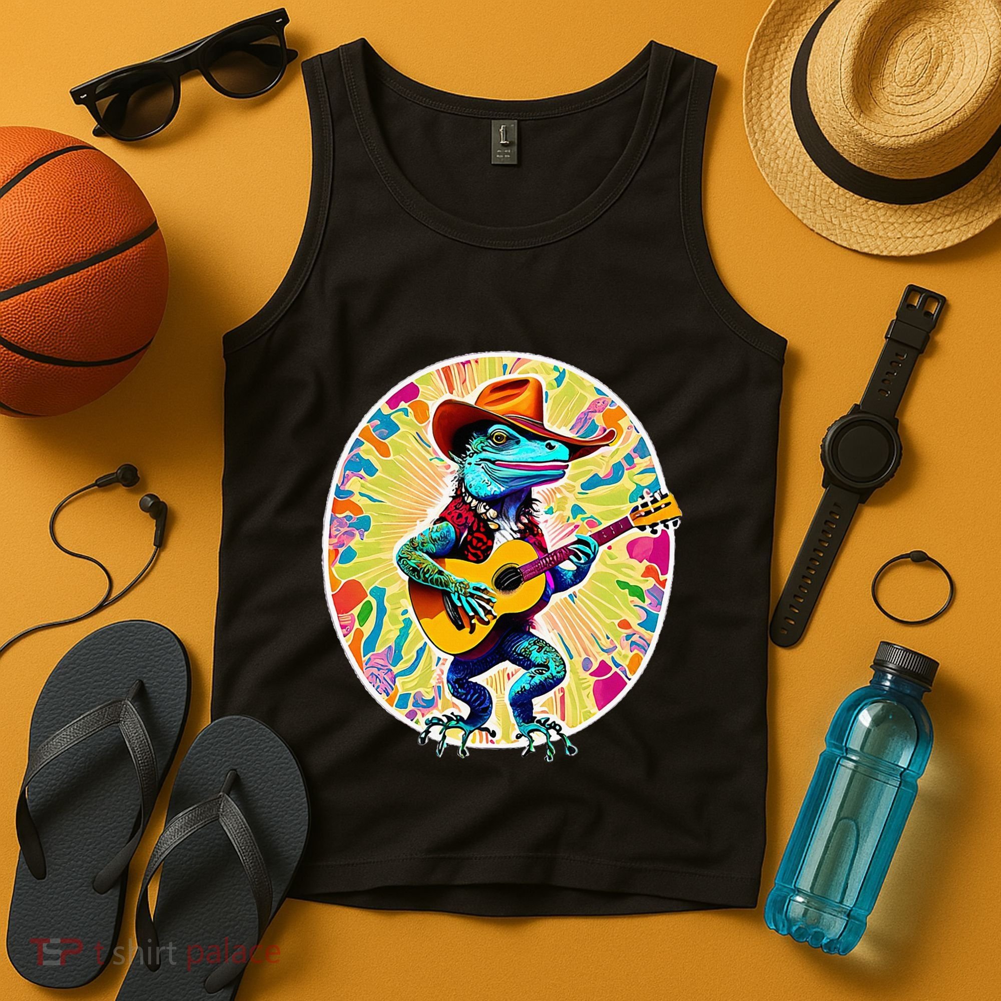 Psychedelic Country Cow Iguana Lizard Playing Guitar Tank Top