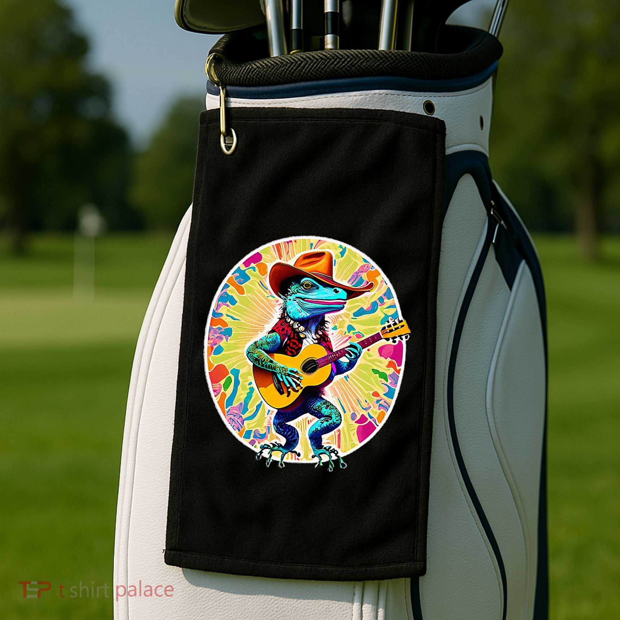 Psychedelic Country Cow Iguana Lizard Playing Guitar Golf Towel