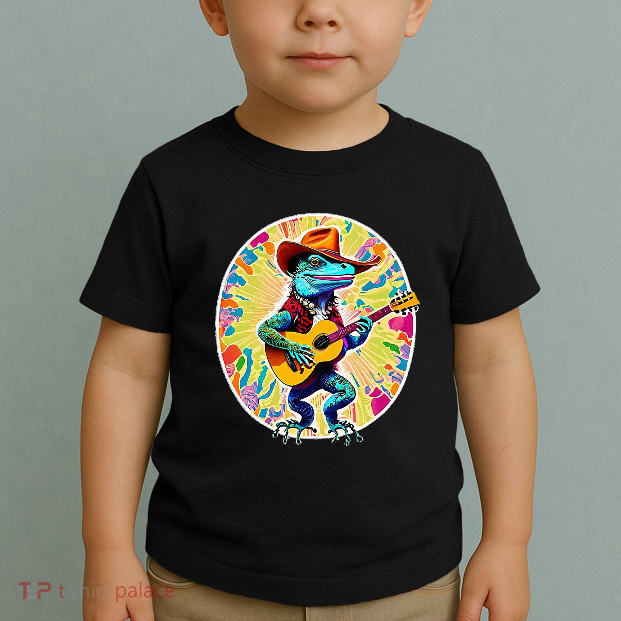 Psychedelic Country Cow Iguana Lizard Playing Guitar Toddler T-Shirt