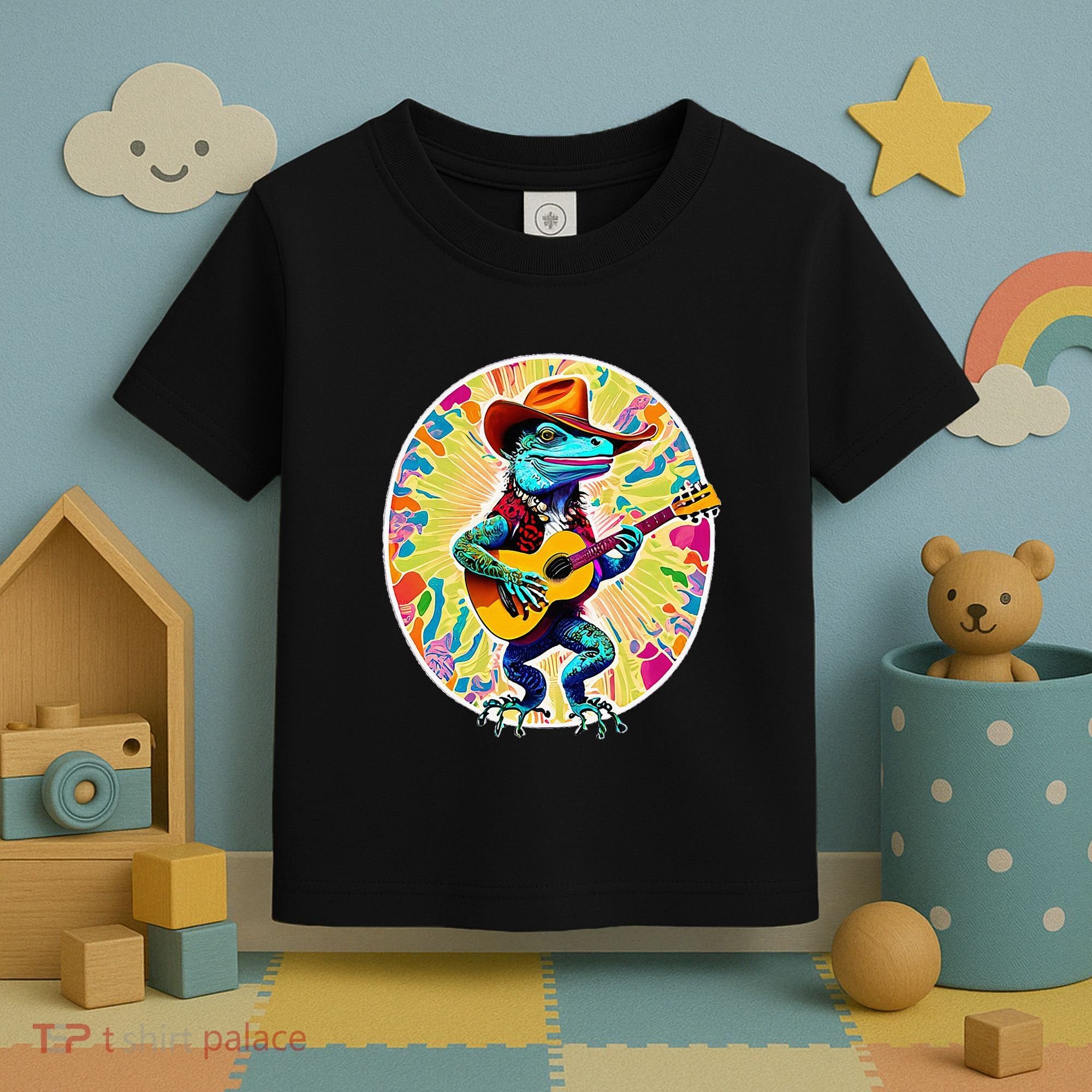 Psychedelic Country Cow Iguana Lizard Playing Guitar Toddler T-Shirt