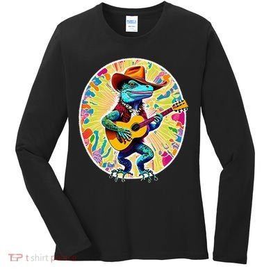 Psychedelic Country Cow Iguana Lizard Playing Guitar Women's Long Sleeve Shirt