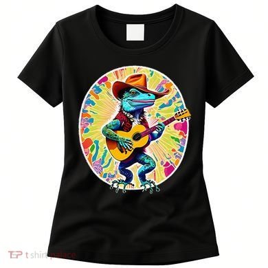 Psychedelic Country Cow Iguana Lizard Playing Guitar Women's T-Shirt