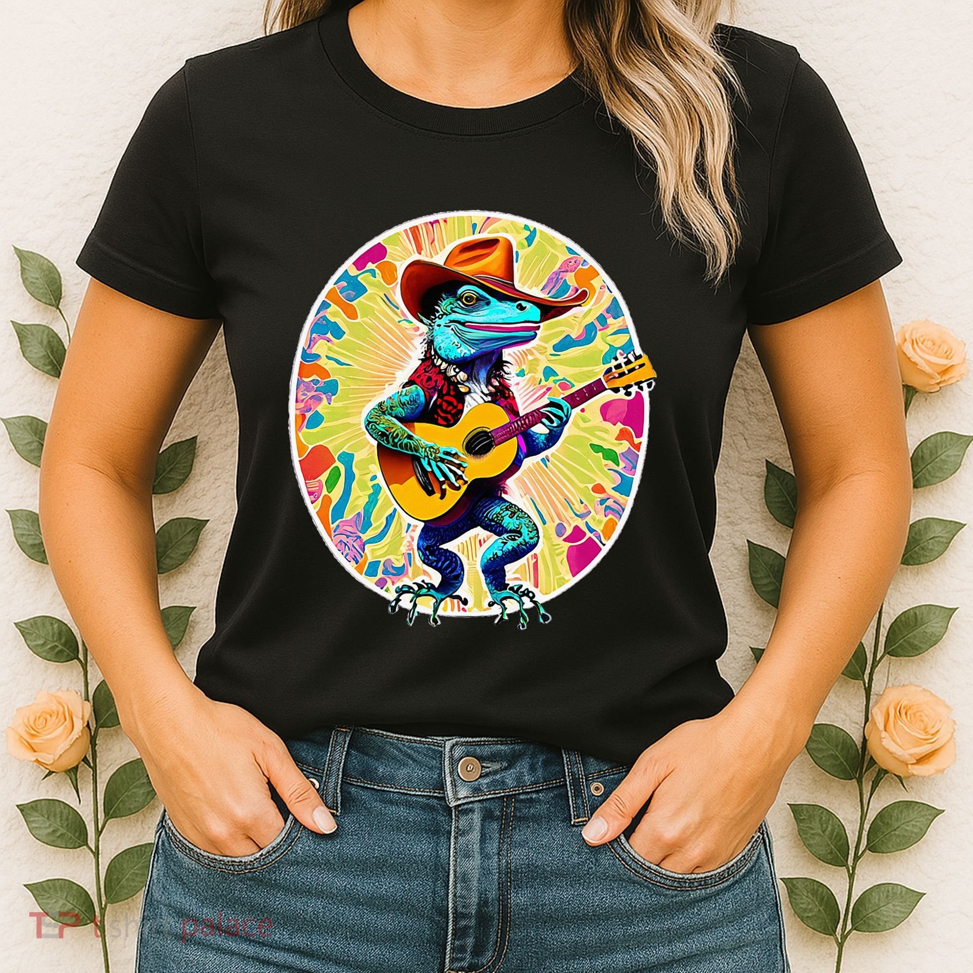 Psychedelic Country Cow Iguana Lizard Playing Guitar Women's T-Shirt