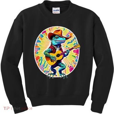 Psychedelic Country Cow Iguana Lizard Playing Guitar Kids Sweatshirt