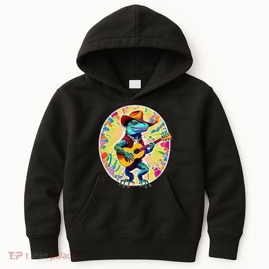 Psychedelic Country Cow Iguana Lizard Playing Guitar Kids Hoodie
